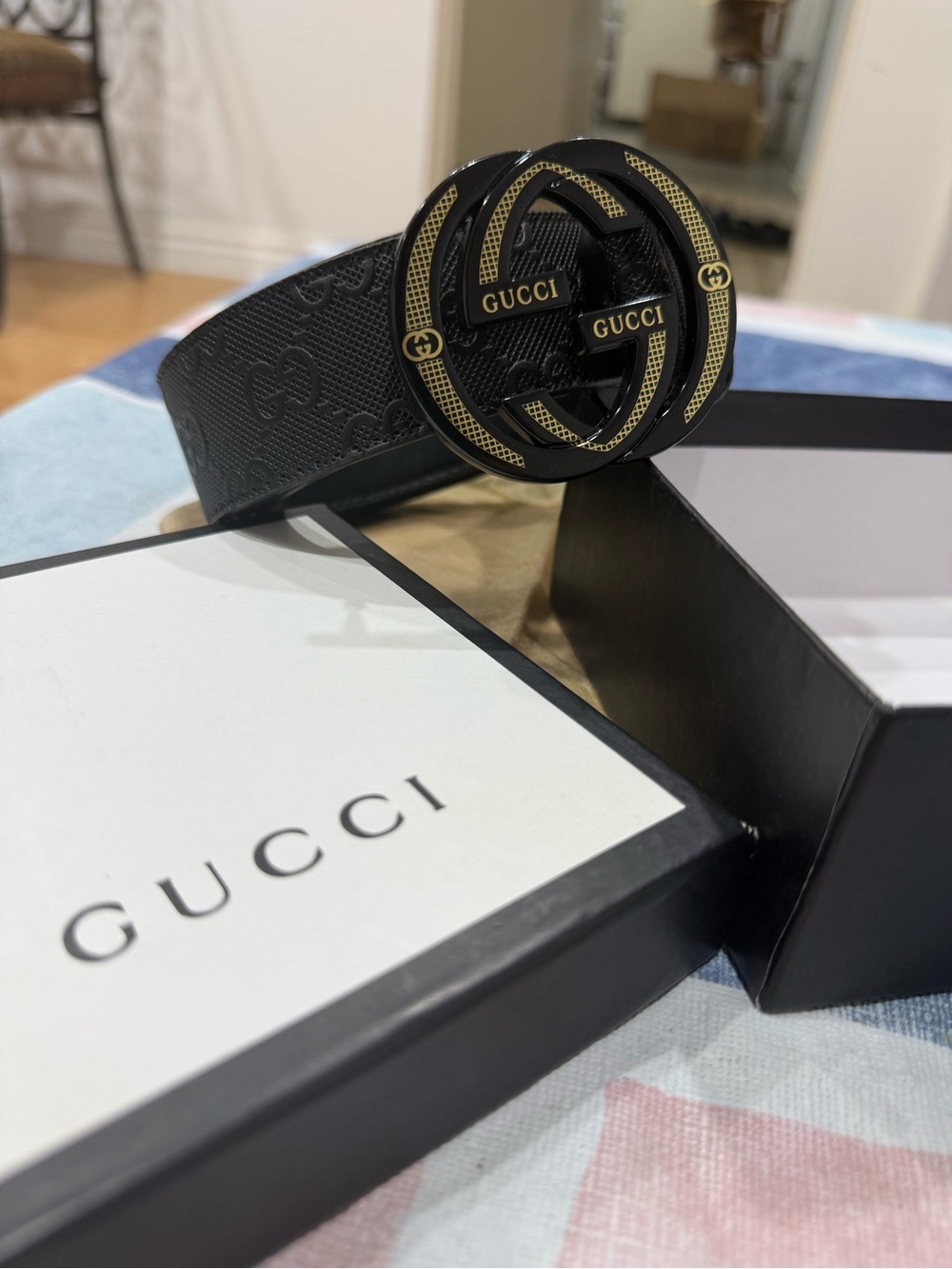 Gucci Black Leather GG Embossed Belt with Black and Gold Double G Buckle 125cm/
